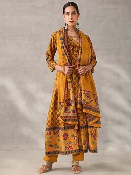 ISHIN - Mustard Floral Round Neck Kurta Pant with Dupatta