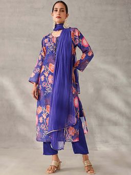 ISHIN - Blue Floral Round Neck Kurta Pant with Dupatta