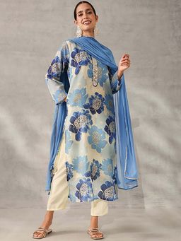 ISHIN - Off White Floral Round Neck Kurta Pant with Dupatta