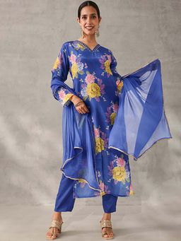 ISHIN - Blue Printed Keyhole Neck Kurta Pant with Dupatta