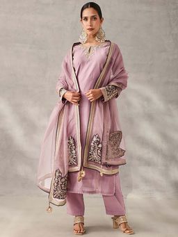 ISHIN - Purple Embroidered Round Neck Kurta Pant with Dupatta