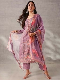 ISHIN - Purple Embroidered Sweetheart Kurta Pant with Dupatta
