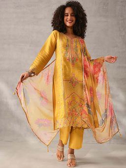 ISHIN - Mustard Embroidered Sweetheart Kurta Pant with Dupatta