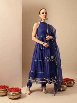 ISHIN - Blue Embroidered Halter Neck Kurta Pant with Dupatta