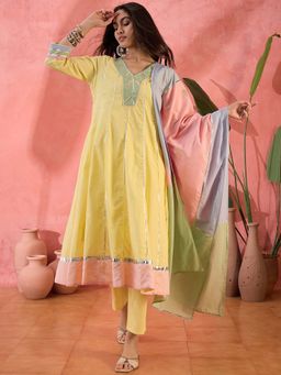ISHIN - Yellow Embroidered V-Neck Kurta Pant with Dupatta