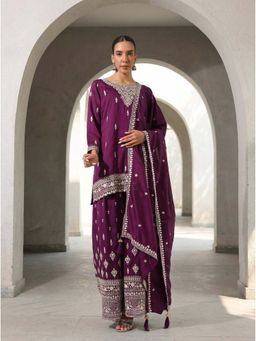 ISHIN - Purple Embroidered Round Neck Kurti Palazzo with Dupatta