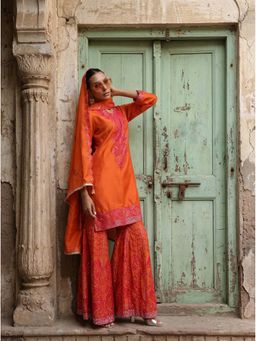 ISHIN - Orange Embroidered V-Neck Kurta Sharara With Dupatta