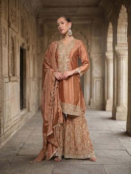 ISHIN - Rust Embroidered V-Neck Kurta Sharara With Dupatta