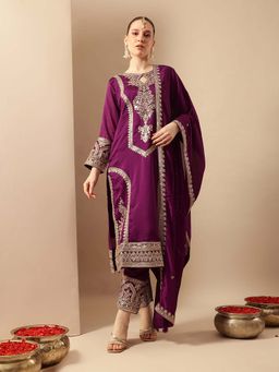 ISHIN - Purple Embroidered Keyhole Neck Kurta Pant With Dupatta