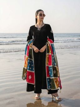 ISHIN - Black Embroidered V-Neck Kurta Pant with Dupatta