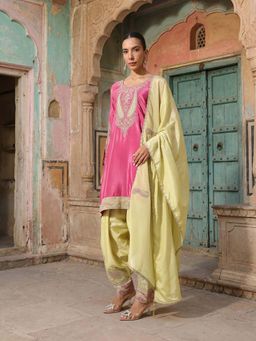 ISHIN - Pink Embroidered Round Neck Kurta Salwar with Dupatta