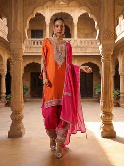 ISHIN - Orange Embroidered Round Neck Kurta Salwar with Dupatta