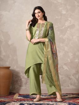 MYSHKA - Green Embellished/Sequined Round Neck Kurta Palazzo With Dupatta