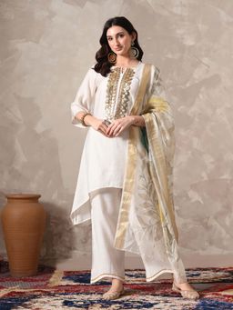 MYSHKA - White Embellished/Sequined Round Neck Kurta Palazzo With Dupatta
