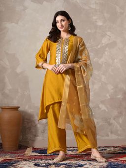 MYSHKA - Mustard Embellished/Sequined Round Neck Kurta Palazzo With Dupatta