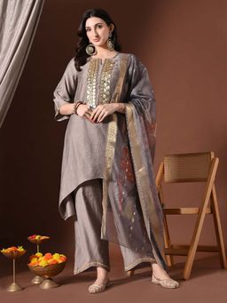 MYSHKA - Grey Embellished/Sequined Round Neck Kurta Palazzo With Dupatta