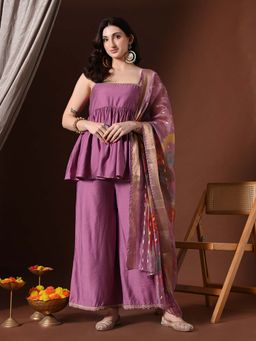 MYSHKA - Lavender Embroidered Square Neck Kurti Palazzo With Dupatta