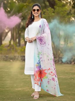 Varanga - White Embroidered Round Neck Kurta Pant with Dupatta