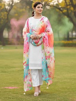 Varanga - White Embroidered Round Neck Kurta Pant with Dupatta
