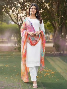 Varanga - White Embroidered Round Neck Kurta Pant with Dupatta