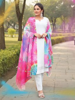 Varanga - White Embroidered Round Neck Kurta Pant with Dupatta