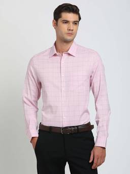 Turtle - Men Regular Fit Checkered Pink Pure Cotton Formal Shirt
