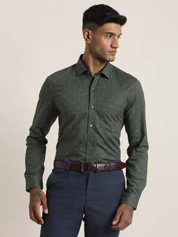 Turtle - Men Pure Cotton Slim Fit Printed Dark Green Formal Shirt