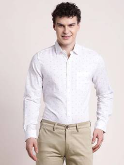 Turtle - Men Slim Fit Printed White Cotton Linen Formal Shirt