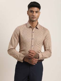 Turtle - Men Cotton Linen Slim Fit Printed Khaki Formal Shirt