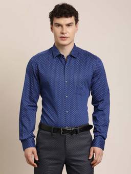 Turtle - Men Slim Fit Printed Blue Pure Cotton Formal Shirt