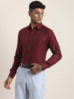 Turtle - Men Pure Cotton Slim Fit Dobby Maroon Formal Shirt