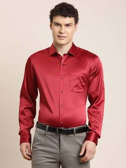 Turtle - Men Slim Fit Solid Red Poly Satin Party Shirt