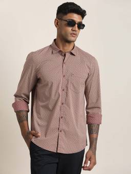 Turtle - Men Cotton Stretch Slim Fit Printed Brown Casual Shirt