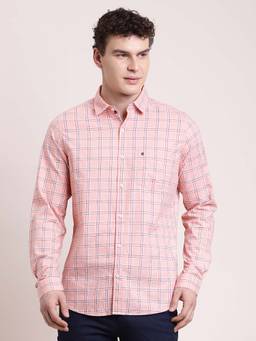 Turtle - Men Slim Fit Checkered Pure Cotton Light Pink Casual Shirt