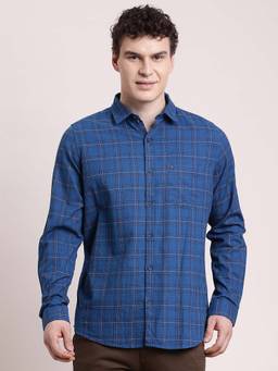 Turtle - Men Slim Fit Checkered Pure Cotton Blue Casual Shirt