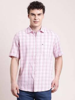 Turtle - Men Slim Fit Checkered Pure Cotton Light Pink Casual Shirt