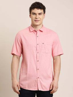 Turtle - Men Slim Fit Printed Cotton Tencel Light Pink Casual Shirt