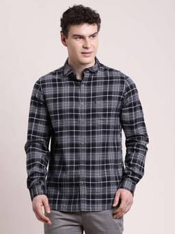 Turtle - Men Slim Fit Checkered Pure Cotton Black Denim Shirt