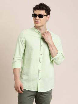Turtle - Men Slim Fit Solid Cotton Linen Pista Green Casual Shirt