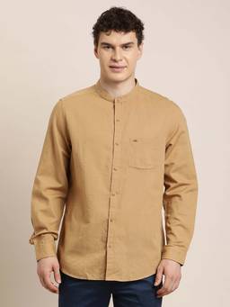 Turtle - Men Slim Fit Solid Cotton Linen Brown Casual Shirt