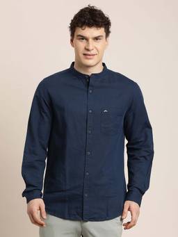 Turtle - Men Slim Fit Solid Cotton Linen Navy Blue Casual Shirt