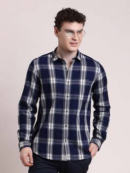 Turtle - Men Slim Fit Checkered Pure Cotton Navy Blue Denim Shirt