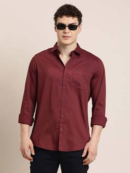 Turtle - Men Slim Fit Solid Cotton Stretch Maroon Casual Shirt