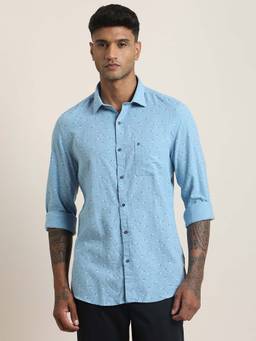 Turtle - Men Khadi Slim Fit Floral Printed Light Blue Casual Shirt