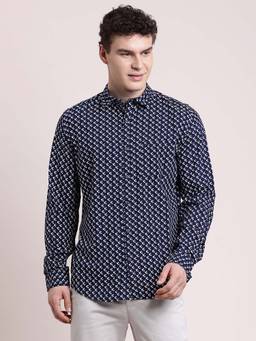 Turtle - Men Slim Fit Printed 100% Viscose Navy Blue Casual Shirt