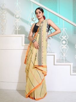 CHARUKRITI - Yellow Cotton Handspun Saree with Stripes and Nakshi Pattern with Unstitched Blouse