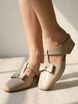 Carlton London - Glossy Patent T-Strap Slip-On Mule Heels With Bow Detail