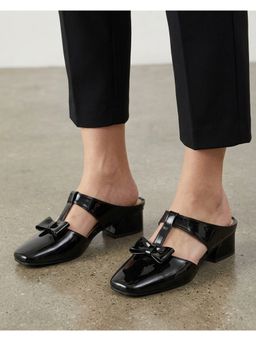 Carlton London - Glossy Patent T-Strap Slip-On Mule Heels With Bow Detail
