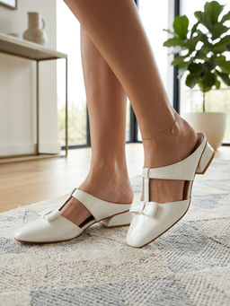 Carlton London - Glossy Patent T-Strap Slip-On Mule Heels With Bow Detail