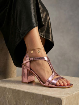 Carlton London - Metallic T-Strap Block Heel Sandals With Adjustable Ankle Strap